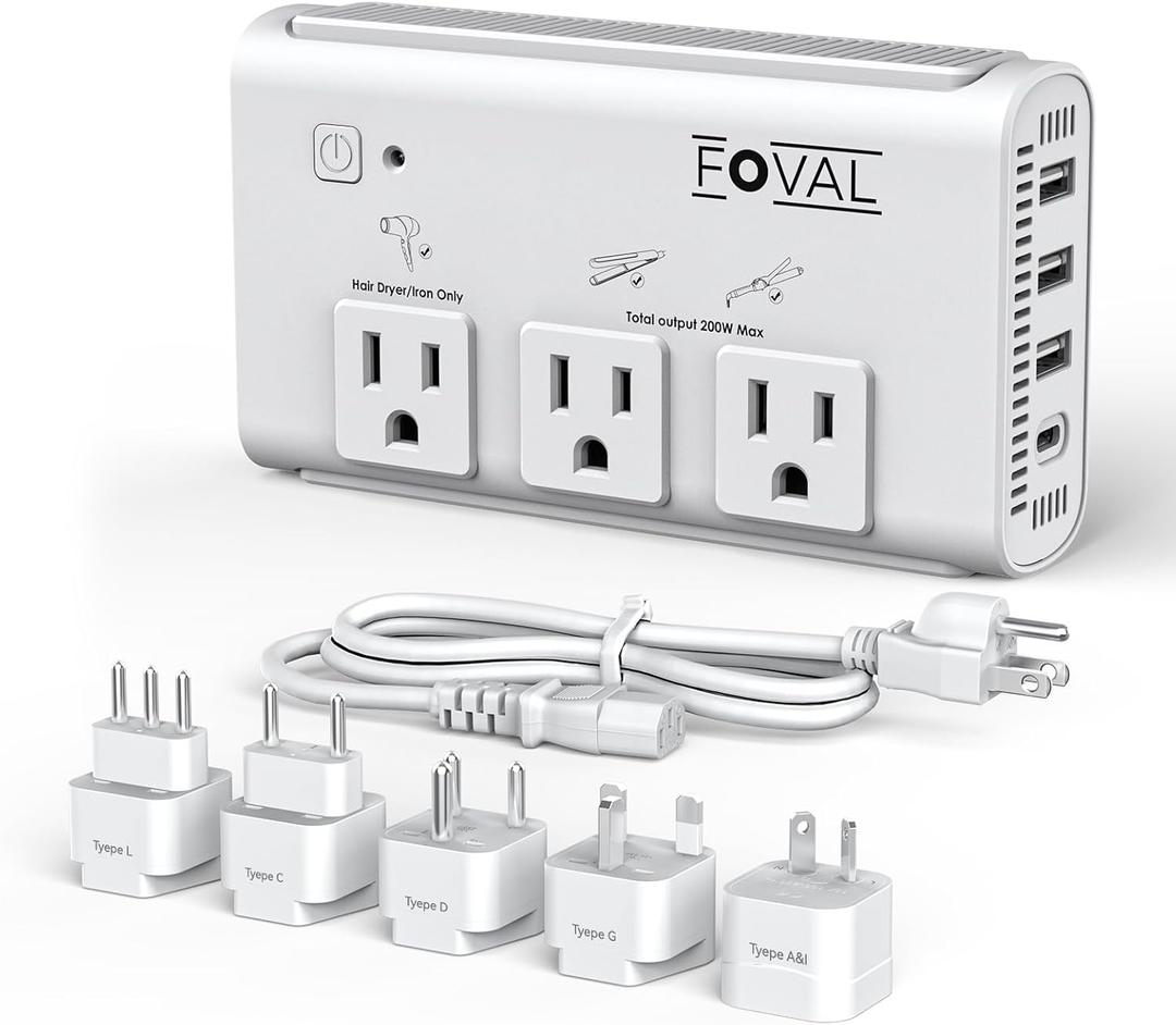 220V to 110V Travel Voltage Converter, FOVAL 2000W International Power Converter for Hair Dryer, Straightener/Curling Iron with 4-Port USB (1 USB C), Step Down Transformer for US/EU/UK/AU/Italy/India