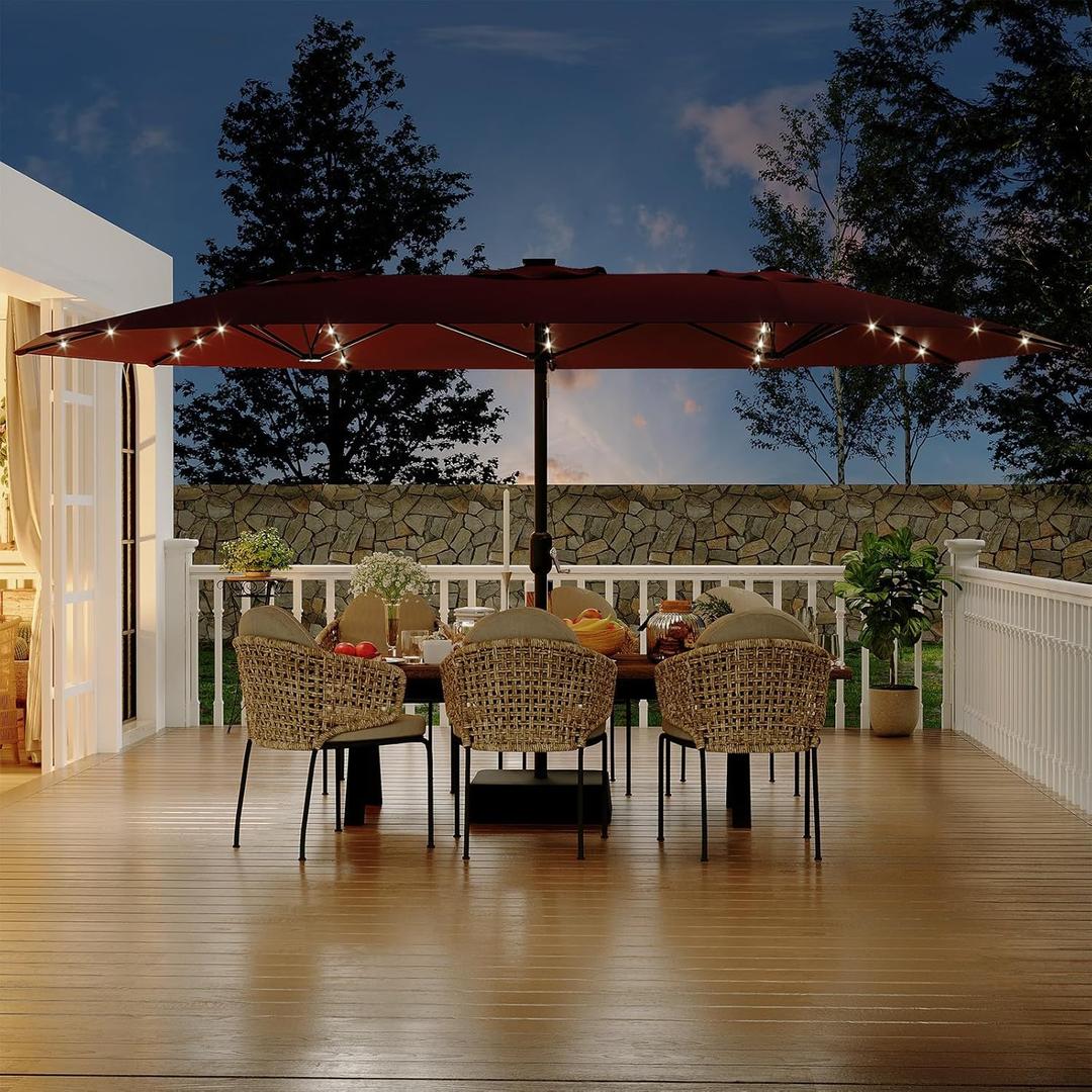 Garvee 15FT Patio Umbrella with Solar Lights & Base Included, Burgundy