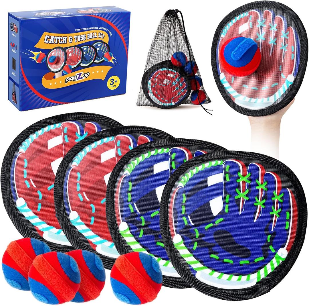 Playzap Toss and Catch Ball Set Ultra Soft Fabric Pain-Free - Valentine Gift for Toddlers Kids Boys Girls 2-4 5-7 8-13+ Yrs - Baseball Glove Toy Indoor Outdoor Yard Game & Beach/Pool Toy Set 4 Pack