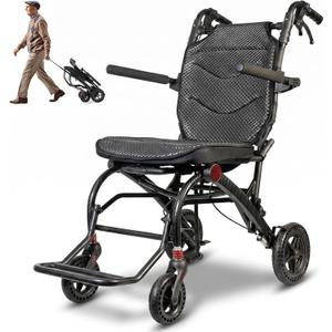 SOFTFISH Transport Wheelchair with Ergonomic Seat and Pull Rod, Foldable Travel Wheelchair for Adults Seniors, Brakes, Flip-Back Armrests, Footrests, Carbon Fiber-Style Aluminum Frame, 220 lb Capacity