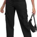 FREEOAK Women's Y2K Baggy Cargo Pants High-Waist Hiking Trousers with Elastic Band Relaxed Fit Wide Leg Pants Streetwear Size Small A - Black