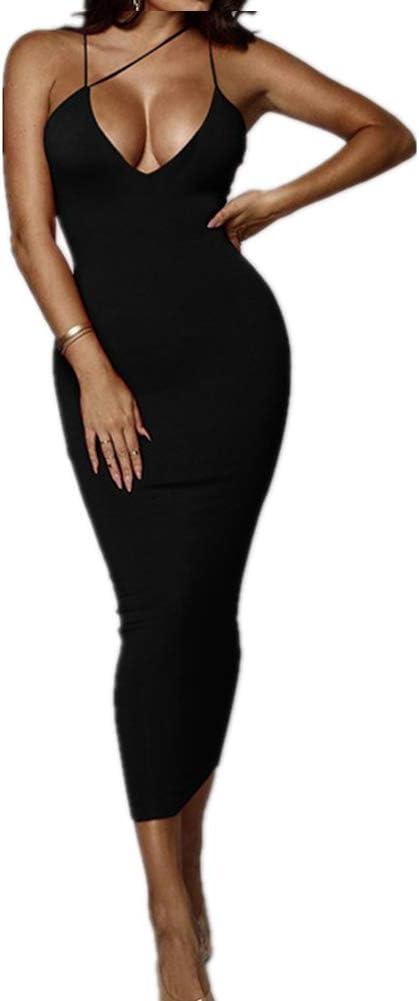 PRIMODA Women's Sexy Neon Asymmetrical Spaghetti Strap Dress Deep V-Neck Sleeveless Bodycon Midi Club Dress(Black, S)