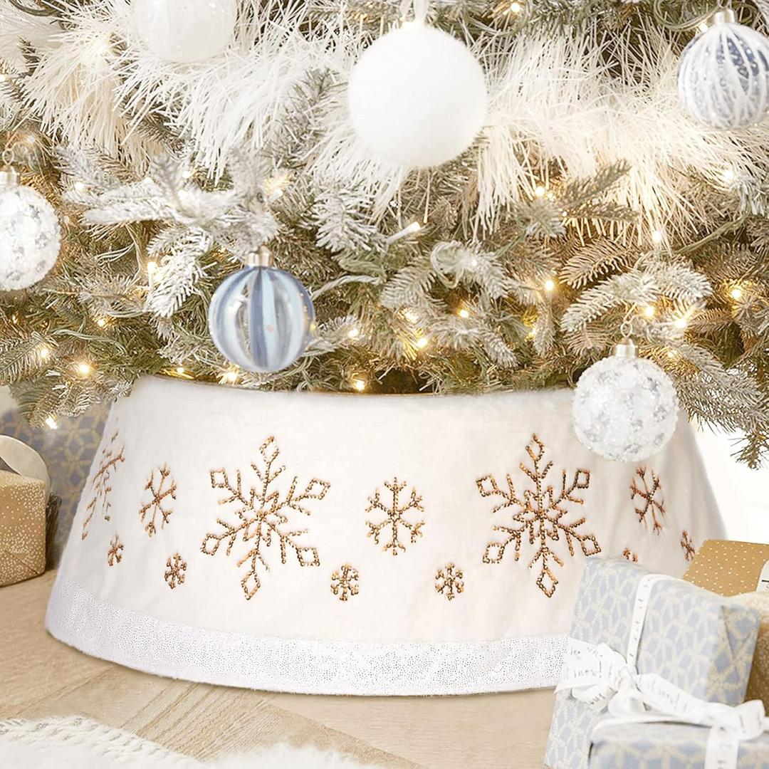 NIBESSER Christmas Tree Collar 30 Inches Plush Tree Skirt Ring with Silver Snowflake Tree Basket Plastics Sheets with Collar Cover Holiday Home Party Christmas Tree Decoration Xmas Ornaments (Snowy White/Strap)