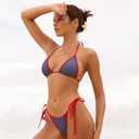seamoly Contrast Binding Textured Halter Triangle Tie Side Bikini Set, Large