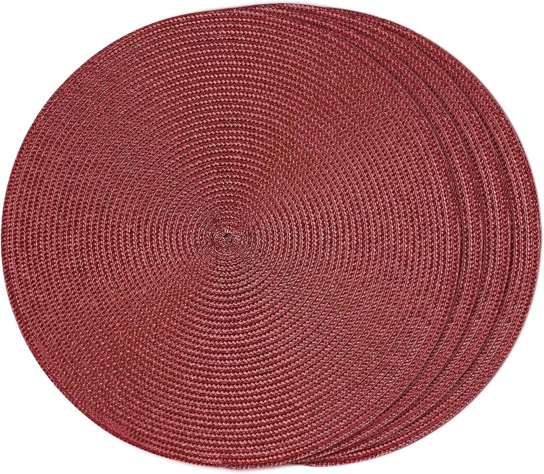 FunWheat Round Braided Placemats Set of 4 Table Mats for Dining Tables Woven Washable Non-Slip Place mats 15 inch(Wine,4pcs)