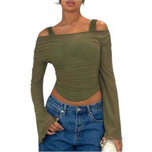 SweatyRocks Women's Cold Shoulder Crop T Shirt Long Sleeve Mesh Sheer Cut Out Ruched Fitted Tops (Green), L