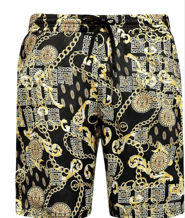 Mens Outfit Shorts with Baroque Chain Button Down  (XX-Large, Black Gold)