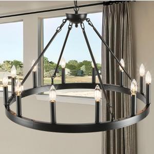 Black Wagon Wheel Chandelier 32 inch,12-Light Farmhouse Wagon Wheel Chandeliers Round Industrial Ceiling Light fixtures for Outdoor Porch high Ceilings Living Dining Room Foyer Entryway