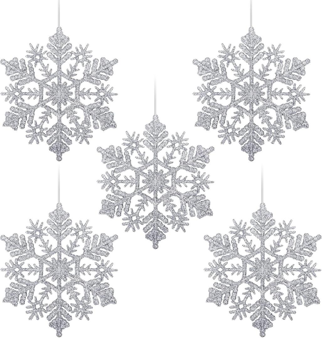30 Pack Silver Glitter Snowflake Ornaments, Plastic Christmas Tree Decorations for Winter Wonderland, Hanging Craft Snowflakes (4 Inch)