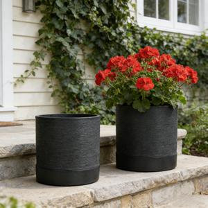 GreenShip Planter Set of 2 (13.7" & 11.8") Dual-Use Self-Watering or Traditional Indoor Cylinder Flower Pots with Saucers & Side Drainage Durable Lightweight Clay & Resin Blend