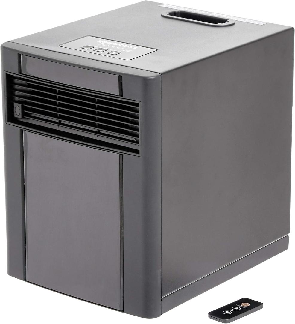 Amazon Basics Portable Space Heater with Remote Control, Adjustable Thermostat, Indoor Use, Energy-Saving Setting, LED Display 1500W, 11.4"D x 14.5"W x 14.7"H, Black
