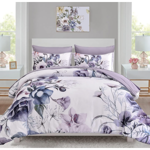Luxudecor Floral Comforter Set Full Size 7 Piece, Purple Flower Bed in a Bag, Elegant Floral Comforter with Sheet Set, Soft Microfiber Bedding Set for All Season (Purple, 80"x90")