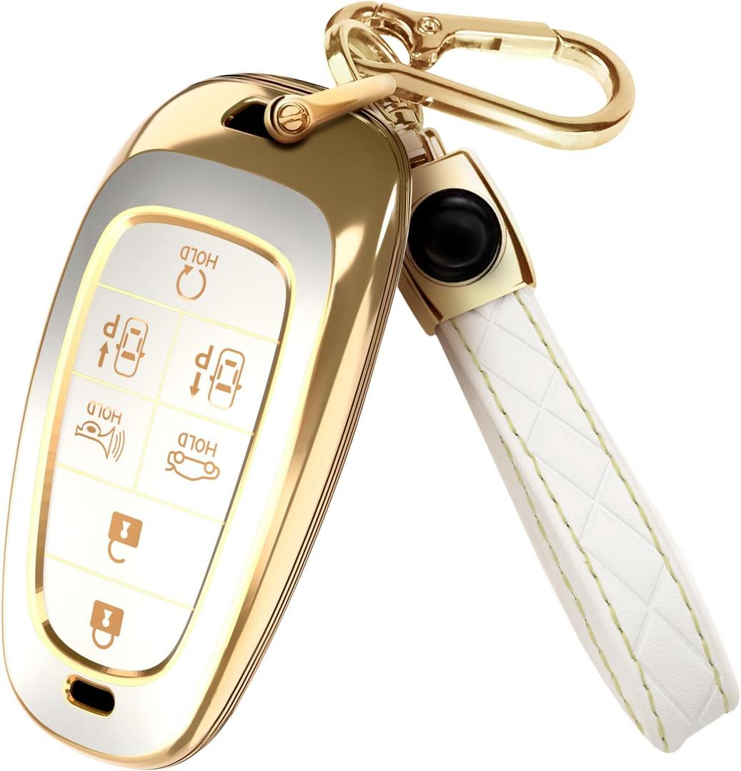 Lucrum Compatible with Hyundai Key Fob Cover & Leather Keychain, Keyfob Case for Santa Fe, Sonata, Tucson, Grandeur, Ioniq 5, Palisade, Nexo - For 7 Button Remote (2019-2025) - White and Gold