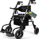 Foldable Rollator Walker for Seniors with Seat, Lightweight 2 in 1 Rolling Walkers Wheelchair Combo for Adult, Transport Chair with Brakes, Adjustable Seat and Handle, 300 Lb. Weight Capacity, Grey