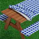 Sorfey Picnic Table Cover with Bench Covers -Fitted with Elastic, Vinyl with Flannel Back, Fits for Table 30"x 60" Rectangle,Water Proof, Checked Blue Design