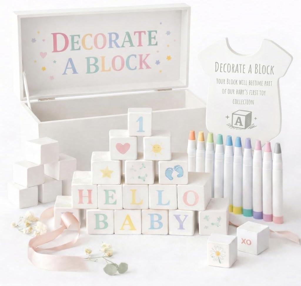 Nolia Baby Shower Blocks Decorating Game 48 White Wooden Cubes to Decorate, Storage Box, 12 Acrylic Markers & Instruction Sign