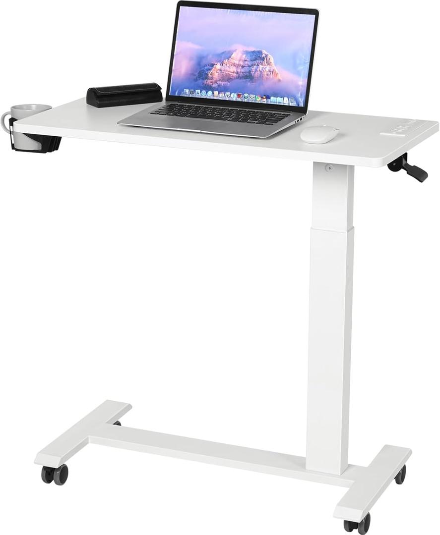 Snughome Overbed Table with Wheels Adjustable Height, Hospital Bed Table with Power Outlets and USB Ports, Bedside Table Pneumatic Mobile Laptop Standing Desk, Rolling Table for Couch, Sofa(White)