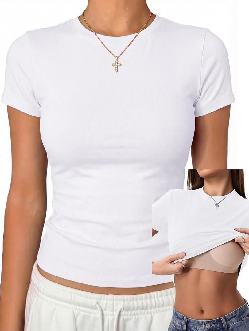 Danysu Nude Built in Bra Cotton Jersey T Shirt No See Through Stretchy Lightweight Fitted Everyday Basic Tops Gym Workout Tee (Medium)