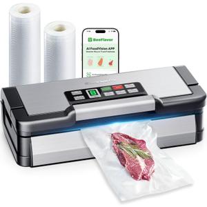 95kPa Vacuum Sealer Machine with AquaLock Technology, Dual-Pump Automatic Food Sealer for Dry & Moist Foods, Double Heat Seal, Built-in Cutter, Bag Storage & Accessory Hose,2 Bag Rolls,Stainless Steel