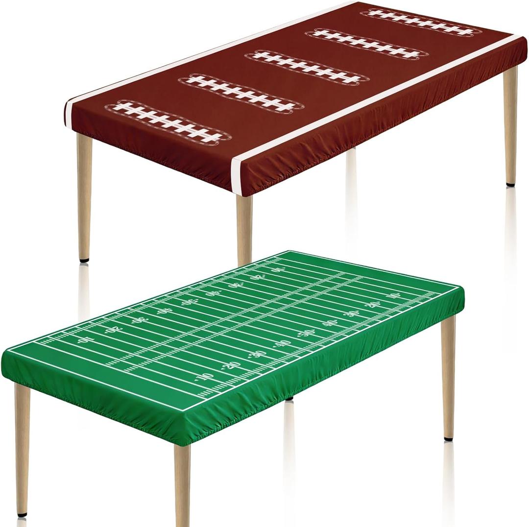 Tegeme 2 Pcs 36" x 72" Fabric Football Tablecloth with Elastic Edge Fitted Football Table Covers for Birthday Game Day Tailgate Party Decor