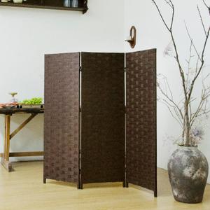 3 Panel Short Room Divider Screen - 3.95 ft Tall Double Sided Rattan Folding Privacy Screen, Dark Brown Freestanding Partition for Home Office