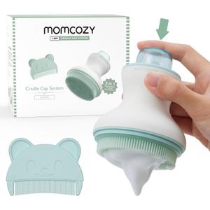 Momcozy﻿ Innovative Cradle Cap Brush with Pump, 2-in-1 Baby Cradle Cap Brush with Bubbler, Newborn Cradle Cap System, Shampoo Brush Baby Bath Essential Foamer Brush, Baby Hair Brush, Green