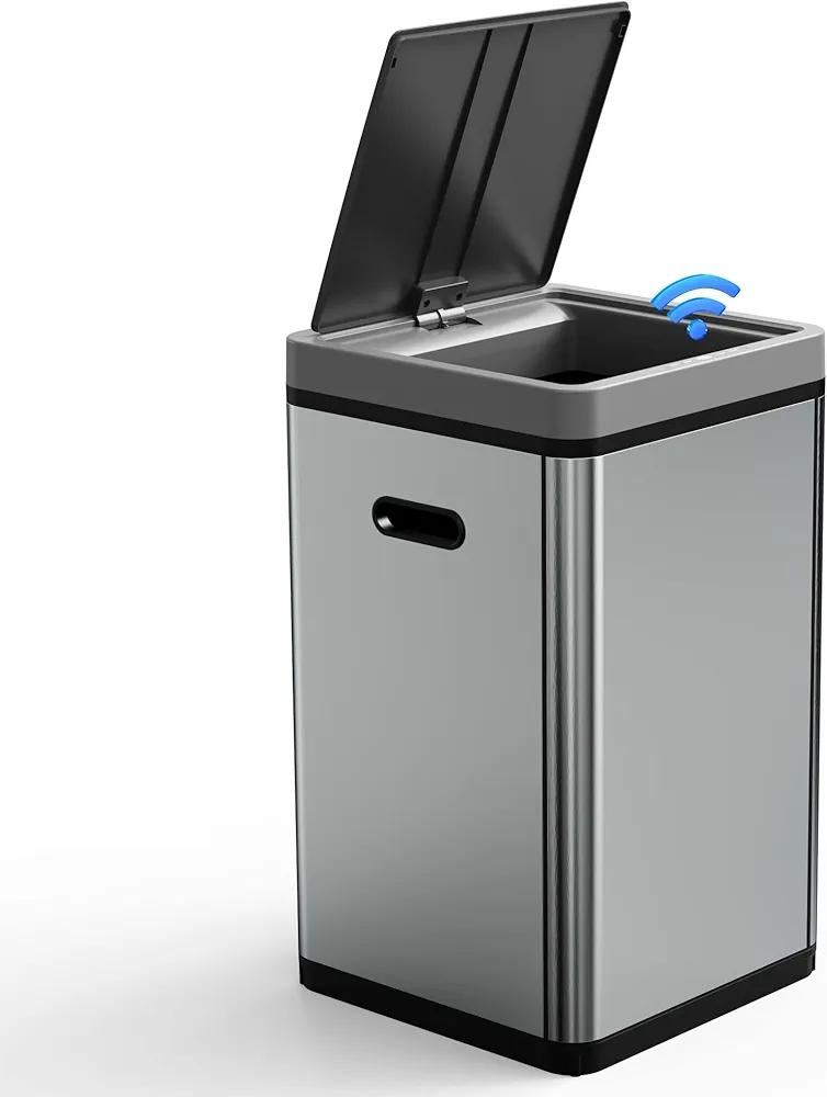 HUG&FKL 16 Gal Kitchen Garbage Can with Lid, Assembly, Touchless, Motion Sensor Rectangular Trash Can, Lithium Battery Powered, Brushed Stainless Steel, Ideal for Kitchen, Office, Living Room