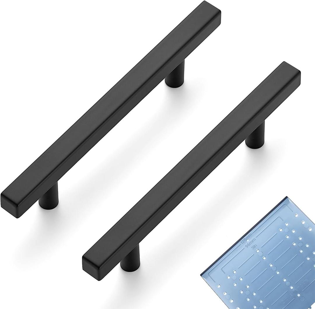 Ravinte 10 Pack 4 Inch Cabinet Pulls Black Sqaure Kitchen Cabinet Handles Matte Black Cabinet Hardware Stainless Steel Drawer Pulls 6-2/5 Inch Overall Length with Mounting Template