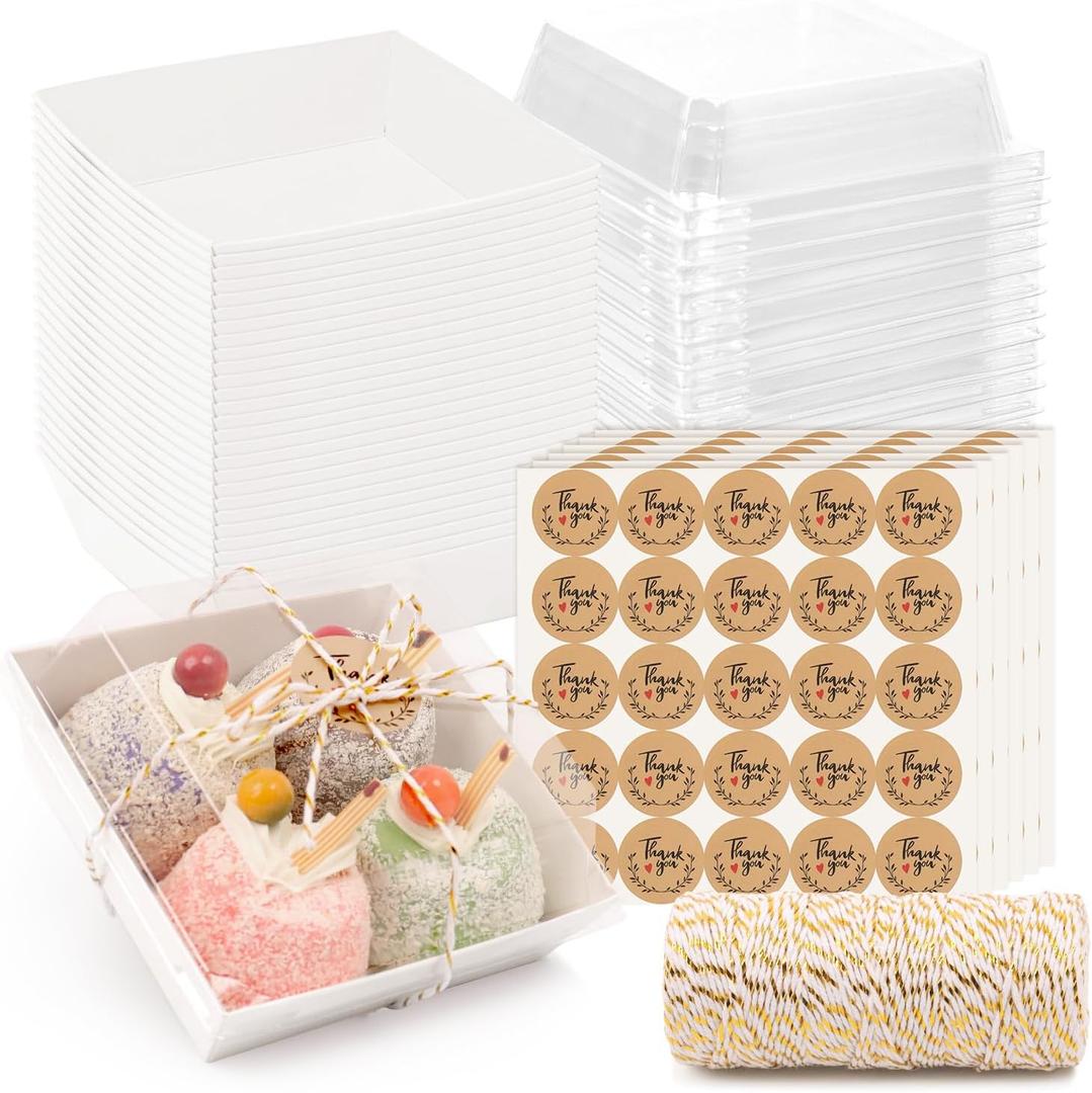 150 Pack Charcuterie Boxes with Clear Secure Lids, 4.7x4.7x2.6 Inches White Square Disposable Food Containers Cookies Boxes for Sandwich, Pastry, Dessert