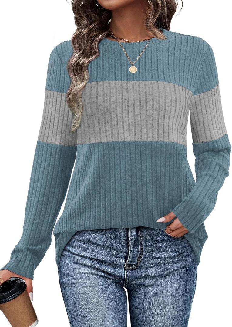 WIHOLL Womens Sweaters Trendy Color Block Tops Long Sleeve Shirts Fall Outfits Early Fall Fashion 2025 Winter Clothing (Medium, Unique Muted Blue Grey)