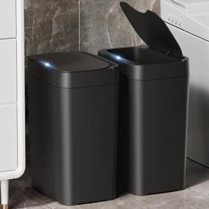 2 Pack 2.7 Gal Bathroom Can with Lid, Automatic Can Small Smart Garbage Can Touchless, Slim Motion Sensor Waterproof Plastic Bins for Bedroom Office Kitchen Toilet Black