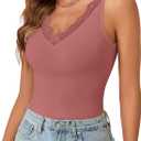 LYANER Women's Lace Trim V Neck Camisole Top Ribbed Knit Basic Cami Tank Sleeveless Undershirt Tops (L)