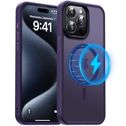 Meifigno Magic Mag Series for iPhone 15 Pro Max Case, [Military Grade Protection & Compatible with MagSafe], Translucent Matte Back with Aluminum Alloy Keys, for iPhone 15 Pro Max 6.7", Dark Purple