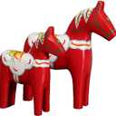 Set of 2 Swedish Wooden Dala Horses, Dalecarlian Horse Figurines, Christmas Ornament Decor for Home, Red