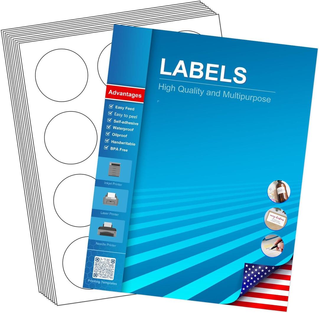 2" Circle Sticker Labels, Round Printable Sticker Labels to Write On, Sticker Paper for Inkjet Printer, (12 Labels/Sheet), 10 Sheets