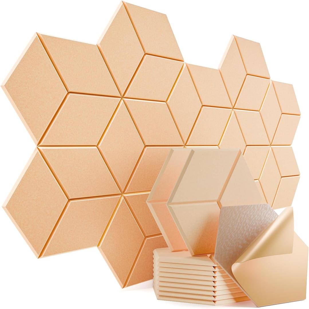 12 Pack Self-Adhesive Acoustic Panels 12" X 10" X 0.4" - Sound Proof Foam Panels with High Density, Y-Lined Design, Flame Resistant, Absorb Noise and Eliminate Echoes(Light Apricot)