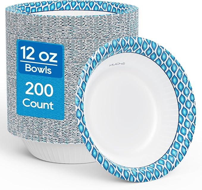 MUCHII 12 Oz Paper Bowls 200 Counts Disposable Bowls, Printed Soak Proof Small Bowls for Breakfast, Lunch, and Dinner Meals MUCHII 12 Oz Paper Bowls 200 Counts Disposable Bowls, Printed Soak Proof Small Bowls for Breakfast, Lunch, and Dinner Meals