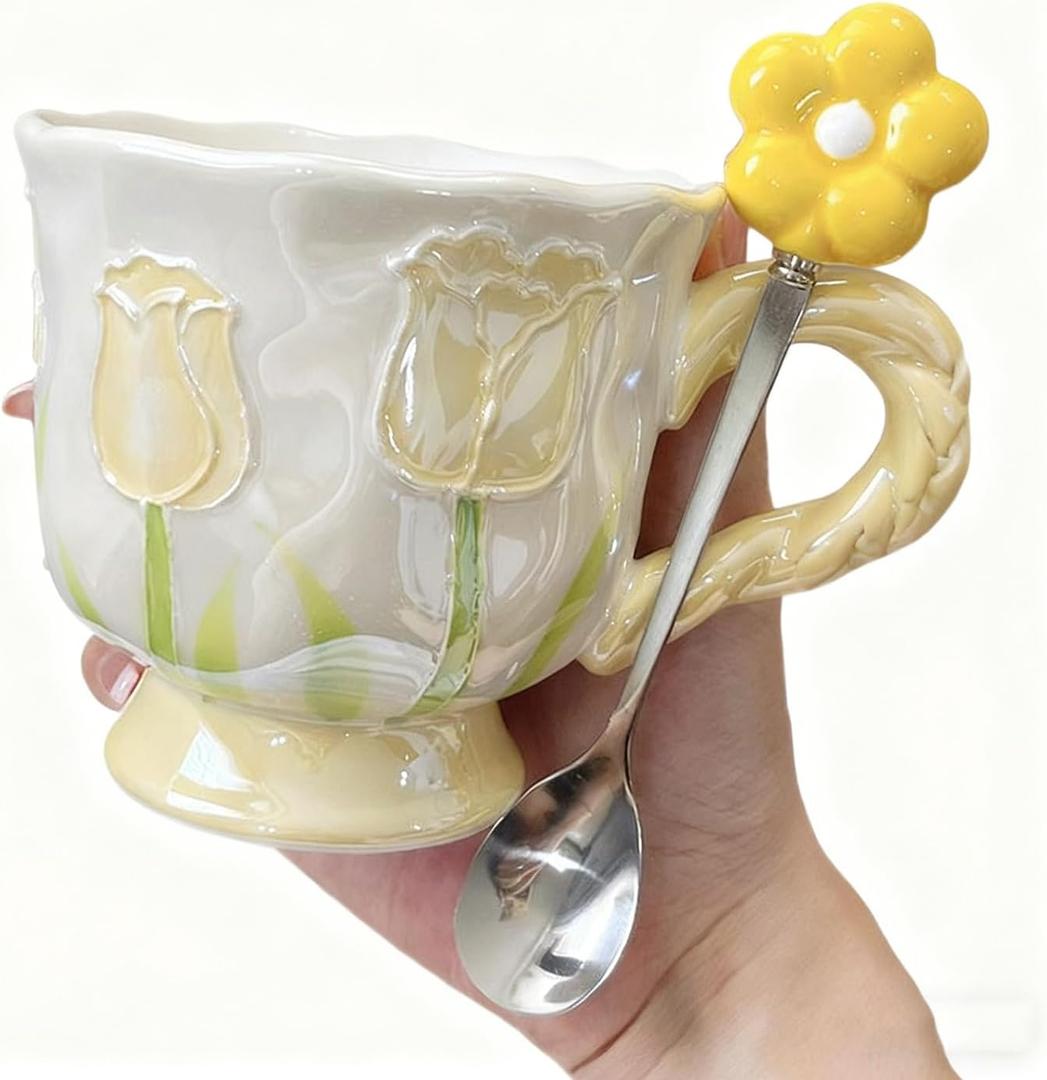 Large Ceramic Coffee Mug Yellow Cute Flower,with and Spoon,Flower Mugs with Handle,Floral Girly Mugs,Breakfast Milk Oatmeal Cup,Girl Gift,14oz/410ml (Yellow)