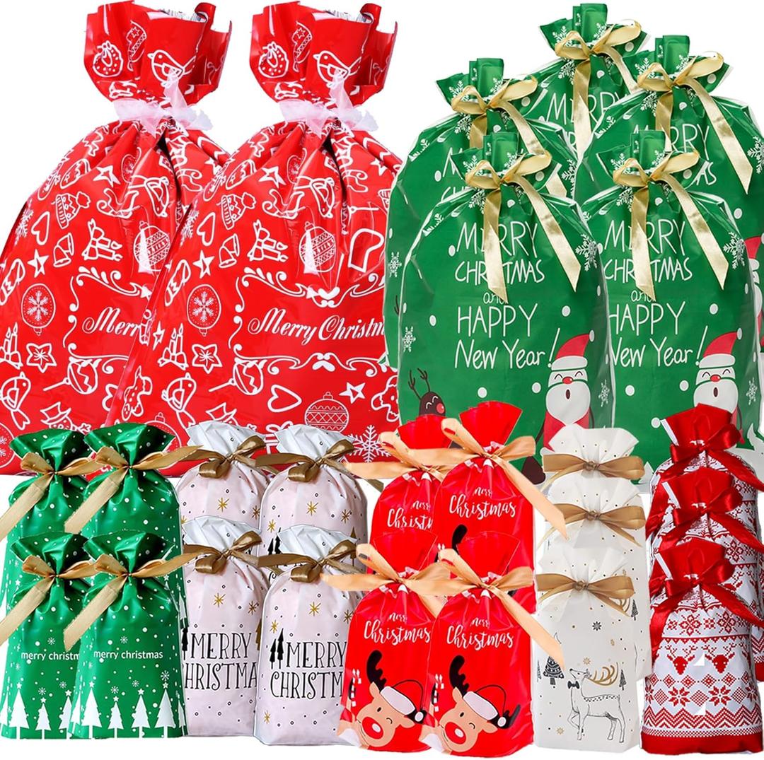 Christmas Drawstring Gift Bags 30PCS Assorted Styles Christmas Drawstring Wrapping Goody Sweet Treat Candy Bags for Xmas Birthday Party Supplies Favors