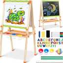 Wooden Art Easel for Kids, Double Sided Foldable Easels for Toddlers 3,4,5,6,7,8,9,10 Years, Adjustable Standing Kids Easel with Accessories, Perfect Painting Gifts for Boys&Girls