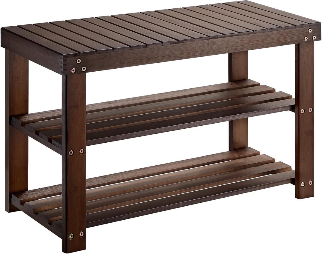 Pipishell 3 Tier Bamboo Shoe Rack Bench for Entryway, Brown, 27.5×11×17.5 inches