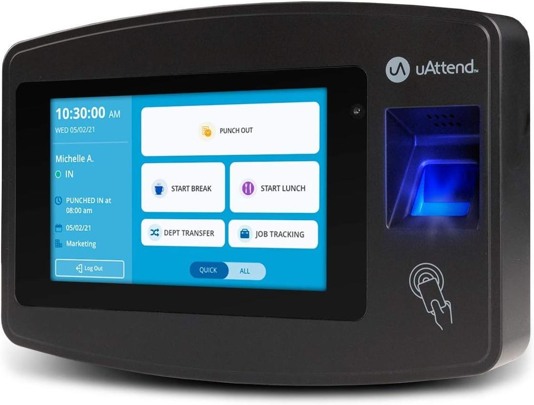 uAttend JR2000 Biometric Fingerprint, RFID, PIN Time Clock for Small Business Cloud-Based Attendance System with Optional Payroll Integration All-in-One System