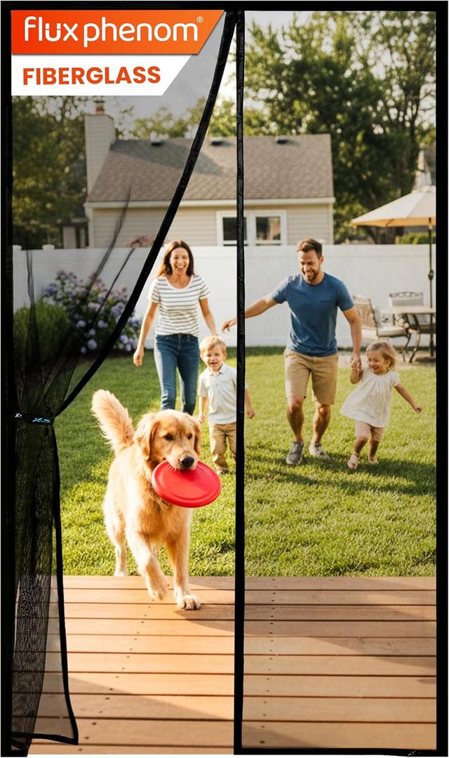 Flux Phenom Magnetic Screen Door - Bugs Out, Breeze in - 9min Install Auto-Sealing Heavy Duty Double Stitched Mesh, 52 Magnets, Hands Free Sliding & Patio Doors Net, Pet & Kid Friendly, 38 x 82 Inch (Jet Black)