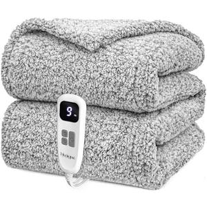 Heated Blanket Electric Blanket Throw - Fast Heating Blanket Throw Double Sided Sherpa Ultra Soft Cozy with 6 Heating Levels & 1-4 Hours Auto Off, Machin Washable, 50 x 60 Inches,  Light Grey, Throw