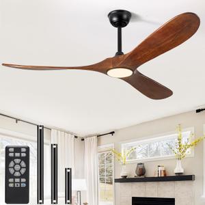 52" Ceiling Fan with Light and Remote, 6-Speed Dimmable Outdoor Ceiling Fan, High CFM Quiet 3 Blade Wood Ceiling Fan, Puoyro Modern Propeller Ceiling Fan for Outdoor Indoor Living Patio Porch (Walnut)