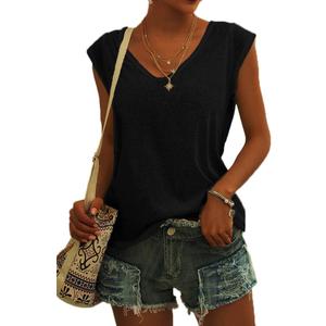 Langwyqu Womens' Cap Sleeve Casual Loose Fit Basic Shirts Tank Tops (Medium, 00- Black)