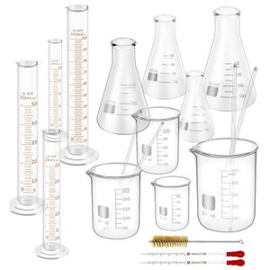 FOUR E'S SCIENTIFIC Glass Beaker Set 50/100/250/500 ml, Glass Flask 50/100/150/250 ml, Graduated Cylinder 10/25/50/100ml, 1 Brush, 2 Droppers, and 4 Stirring Rods
