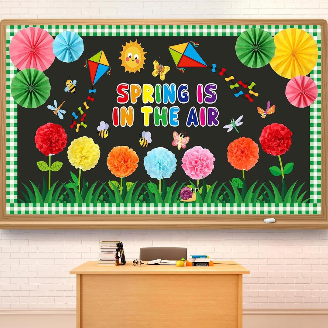 Spring Bulletin Board Decorations Set March Flowers Bulletin Board with 3D Paper Floral Cutouts Classroom Decorations Back to School Wall Decor Party Favor(Spring is in The Air)