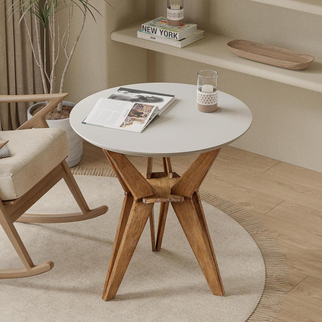 Farmhouse End Table Distressed Wood Side Table with Crisscross Legs and X Legs, Accent Table with White Top and Tripod Base for Living Room, Office, Boho Decor, Modern Rustic, Nature, Round