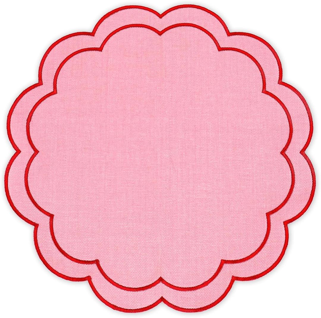 Whaline Pink Red Linen Placemats Embroidered Round Scalloped Kitchen Place Mats for Wedding Baby Shower Party Home Dining Table Decor, Set of 6, 15 x 15 in
